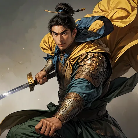 ((Create an image from head to knee)), Three Kingdoms illustration , male solo, charming man , beautiful face, perfect hand , ( black hair), Various facial expressions, various poses, Brilliant background , blurry background , Perfect Chinese Armor,...