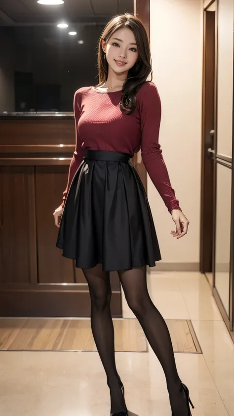  thin thighs ，  long legs  ，(  one girl :1.3),(   I'm wearing a medium length flared skirt dress with black pantyhose and high heels ：1.3), beautiful smile:1.5，前かがみの姿勢:1.2