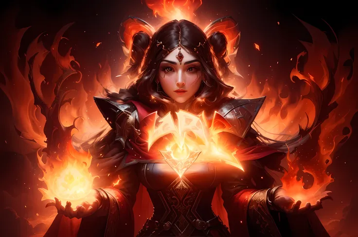  a woman with a brilliant fire in her hands, fire mage, epic mago girl character, maya ali as a lightning mago, portrait of a female mago, mago, mago the ascension,  sorceress Maya there  ,  Maya Ali as an advertisement &d wizard, female mago conjuring a s...