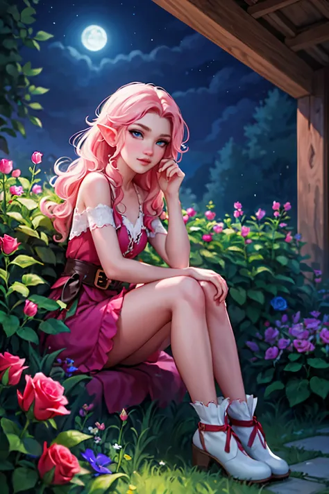 Woman, long wavy hair, blue eyes, pink hair, elf, sitting in garden, garden, rose flowers, night, flowers, sitting on the ground 