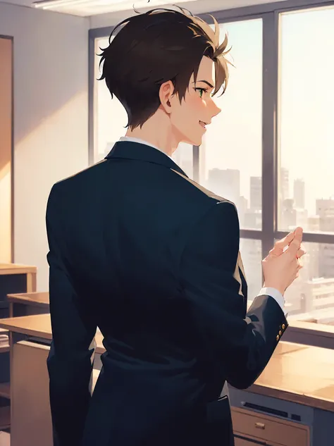 (looking away:1.5), back shot, masterpiece, best quality, Japanese manga style, upper body, (25 year old male) and (short brown hair) and (combed-back hair) and (green eyes), (Wearing a suit: 1.3) and (blue tie), smile, happy, open mouth, inside office roo...