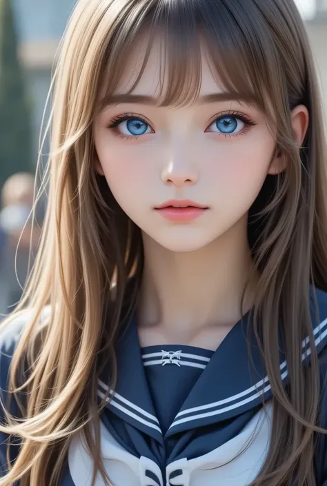 (super cute young face),
sparkling clear eyes,
(japanese idol face:1),
very beautiful cute girl,
navy blue sailor high school uniforms,
(beautiful pleated skirt:1,5),
professional photogragh,
body shot