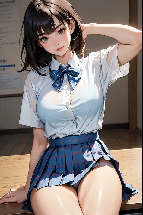 ((Female Class Student )), (( top quality)),  clear , Photo style, ((Shorten your head, Reduce the volume of your hair,  long, slender eyes, Hazel Eyes, round face, Thin eyebrows,  big breasts, Thin torso , Strong thighs,  big hips,  white skin)), ((dark b...