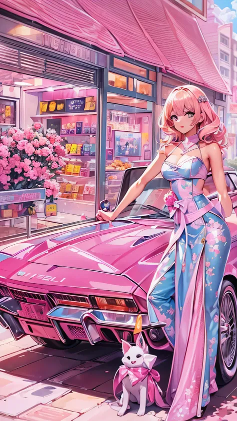   with high definition images，  high definition ，Create another scene in the same style , Barbie is now outside the perfume shop..,  She has a perfume shop bag now ,  She's about to get in the car soon  , her car is a C1 Corvette, Pink and white, C1 Corvet...