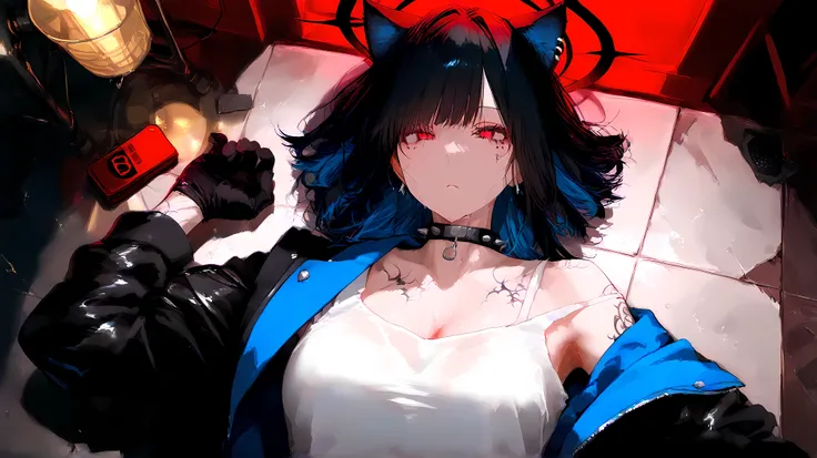 Anime style, cat ears, long sleek black hair with subtle neon highlights, red eyes with a lifeless, hollow gaze, female protagonist, punk fashion, full-body pose, lying motionless on the cracked floor of a dimly lit underground rock concert stage, arms lim...