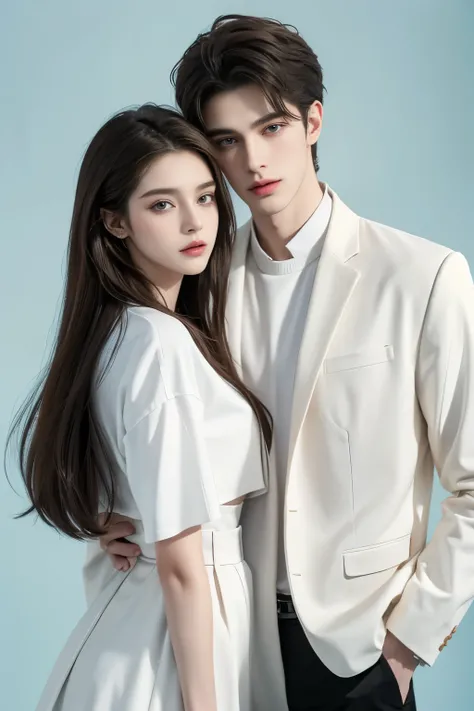 Modern. school. Trendy wear. Russian couple 19 yo. Handsome masculine man and beautiful girl. Taller man. look at each other, Dark hair color. Very detailed face. pretty eyes (perfect eyes). 8K resolution. Masterpiece. Fair skin. Look at the viewer. Pastel...