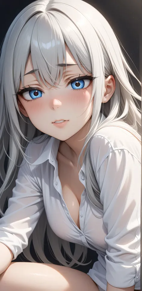 Random Sexy pose , ((Ultra detailing)), (very aesthetic, best quality, ultra detailed), intricate details,
1girl, silver hair, silver eyes,((Detailed eyes)), ((Beautifull eyes)), ((prefect eyes)), sharp jawline, long hair, shy, Licking her lips, Blush,(loo...