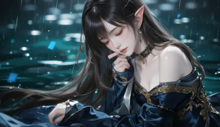 Young, beautiful, and wistful female elf with delicate facial features, serene expression, and closed eyes. Long, flowing, dark brown hair cascades around her shoulders. Elven ears are prominent, and she wears intricate, ornate, dark-blue, velvet-like bo...
