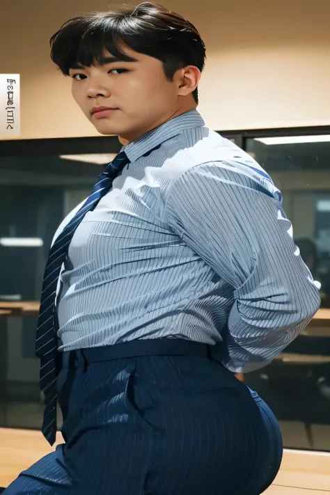 40-year-old boy ,Korean bulky male officer ,Wear navy blue police uniform shirt................ pinstripe navy blue smooth tight trouser, transparent pants obvious underwear print ,((unrealistic super big tight butt wearing pants)), legs wide open, legs on...