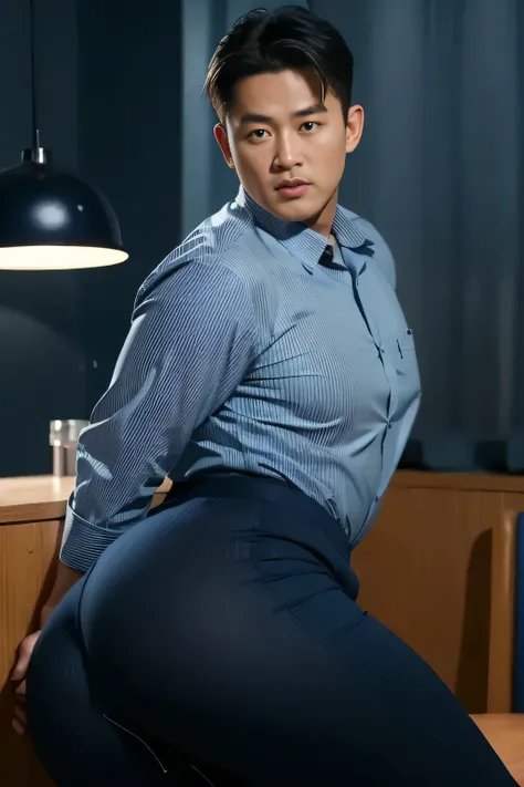 40-year-old boy ,Korean bulky male officer ,Wear navy blue police uniform shirt................ pinstripe navy blue smooth tight trouser, transparent pants obvious underwear print ,((unrealistic super big tight butt wearing pants)), legs wide open, legs on...