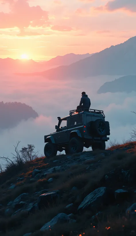 A man sits atop his rugged SUV on a foggy hill, watching as the first rays of dawn pierce through the mist. The landscape below is barely visible, creating an ethereal and dreamlike effect, 8k, photorealistic, artistic, anime style digital art