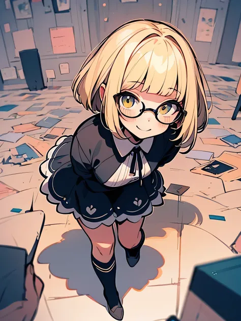 from above:1.3,sideview,(leaning forward),(looking at viewer:1.3),Alone,jumping pose,blonde short pixie cut,(blunt bangs),glasses,cute face,eyelash,(puppet),smile, Alice in Wonderland Dress,Striped Knee High Socks , absolute domain:1.3,（Enchanting chest:1....