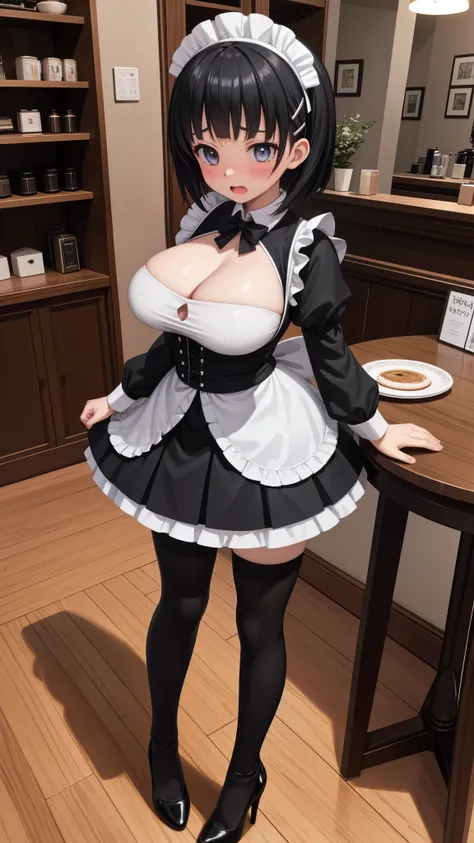  high quality、High image quality、detailed picture 、One Girl、Kirigaya Suguha、positive、Standing posture、Full body portrait、Black Hair、Medium haircut、blush、Absolute area、Black knee-high socks、Knee-length、stockings、Black Pantyhose、 maid clothes,  mini skirt、Ja...