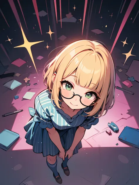 from above:1.3,sideview,(leaning forward),(looking at viewer:1.3),Alone,jumping pose,blonde short pixie cut,(blunt bangs),glasses,cute face,eyelash,(puppet),smile, Alice in Wonderland Dress,Striped Knee High Socks , absolute domain:1.3,（Enchanting chest:1....