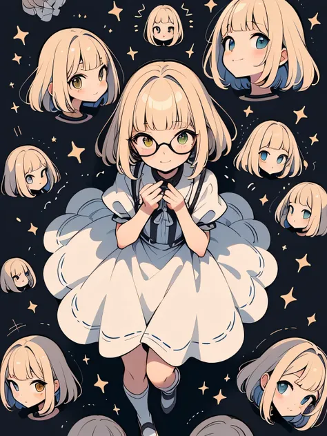 from above:1.3,sideview,(leaning forward),(looking at viewer:1.3),Alone,jumping pose,blonde short pixie cut,(blunt bangs),glasses,cute face,eyelash,(puppet),smile, Alice in Wonderland Dress,Striped Knee High Socks , absolute domain:1.3,（Enchanting chest:1....