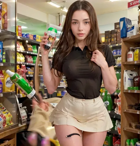 Beautiful woman with real AI, RAW photo, (( in convenience store: 1.4)), (Highly detailed skin: 1.5), Detailed eyes: 1.0, High quality lighting: 1.5, Beautiful, (polo shirt, black pleated skirt, Model legs: 1.5, (High class: 1.8), (Realistic: 1.4), (High q...