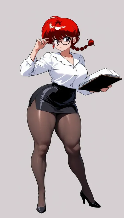 Ranma chan, red hair, teacher, pantyhose, thick thighs, glasses, black mini skirt, white blouse