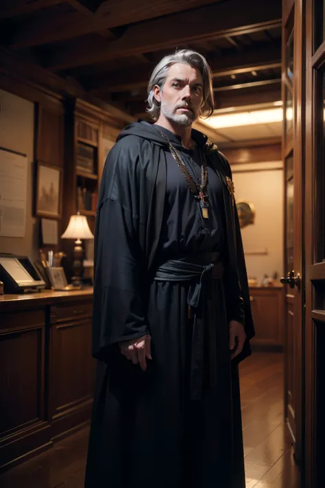  medieval times ,  middle-aged men,  with short gray hair and a clean beard .  wearing a silver chain in a black robe.  looking around with sharp eyes . The background is a dark office , dark colors