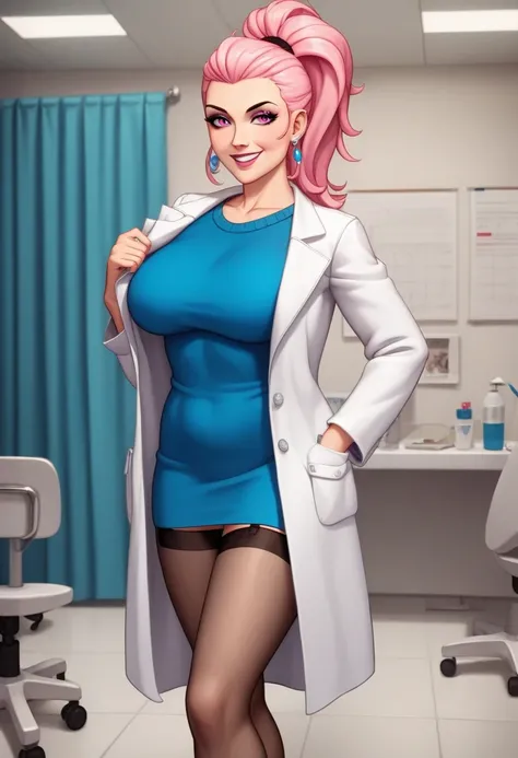  score_9,  score_8,  score_7,   source  _    animated, 1mature_FE, Only 1 woman , smile,   pink hair ,  ponytail hair ,  bright pink eyes , Apollo blue sweater  , White doctor&#39;s coat , black flick  ,  mesh stockings ,   background a hospital room, cuer...