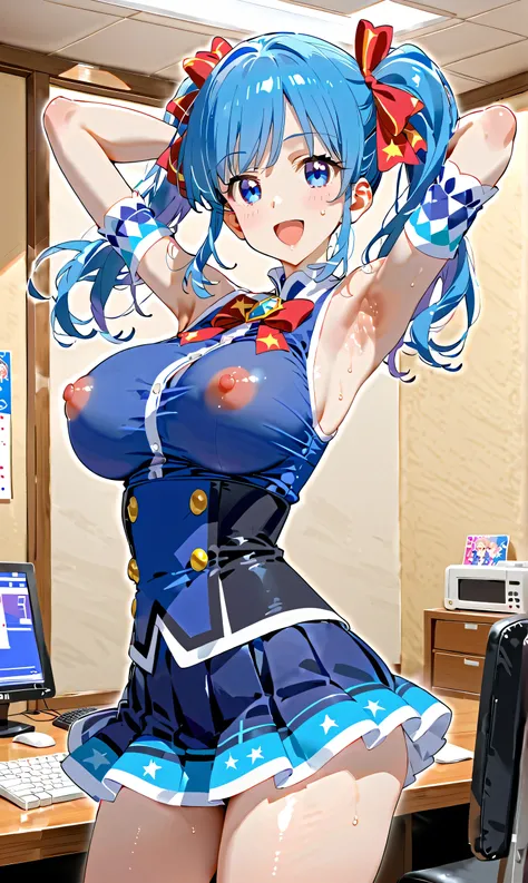 Really big anime beauty top, 1 girl, solo, blue hair, blue eyes, side ponytail, breasts, covered nipples, big nipples, armpits, long hair, open mouth, smile, big breasts, sweat, red eyes , look at viewer with arms raised, shirt, skirt, sleeveless, ribbon, ...