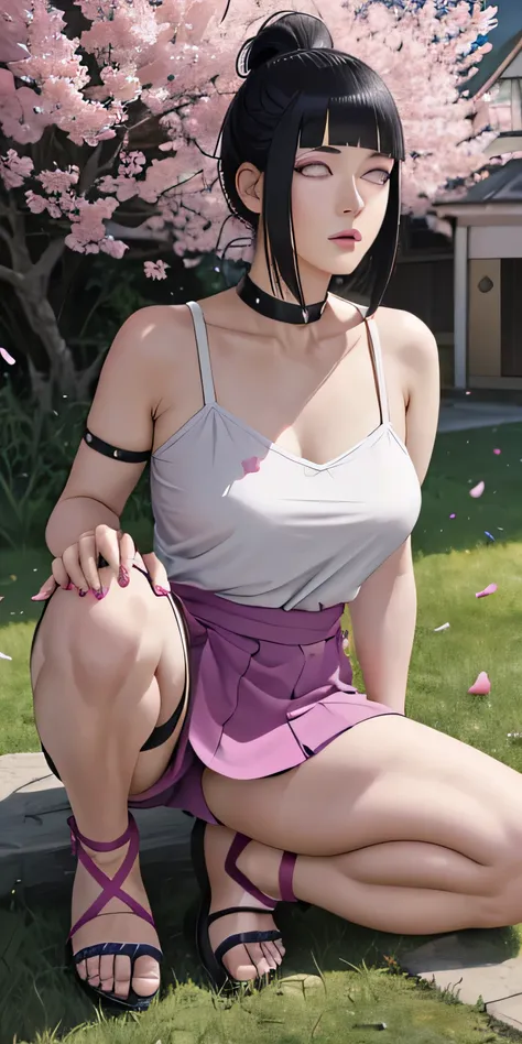 masterpiece, absurdres, hinata\(boruto\), 1girl, solo,mature female, spaghetti strap top, high waist mini skirt, gladiator strap sandals, looking at viewer, (falling petals), perfect composition, detailed lips, big breast, beautiful face, body propotion, b...