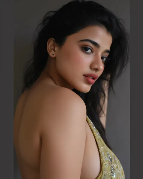 photo of indian girl having seductive facial expression and deep cleavage and look wide angle photo