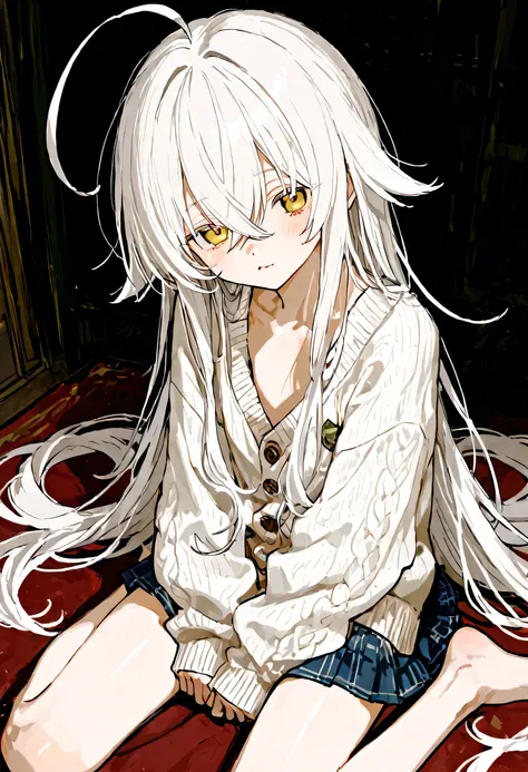 oversized white cardigan, skinny body, flat chest, ((miniskirt:1.2))、Put on clothes , very long hair, ahoge, crossed bangs、white hair、round face、 is short、Baby Face,  wariza, ((Looking up:0.5))