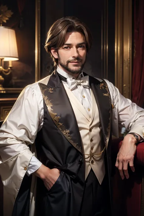 An elegant 45-year-old male ,  with brown hair and a clean beard .  wearing a luxurious aristocrat costume and ,  has a cunning smile .  The background is the interior of a luxurious mansion , Overall dark color tone