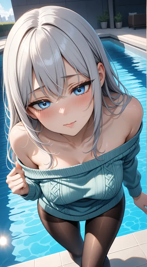 Random Sexy pose , ((Ultra detailing)), (very aesthetic, best quality, ultra detailed), intricate details, 1girl, silver hair, silver eyes,((Detailed eyes)), ((Beautifull eyes)), ((prefect eyes)), sharp jawline, long hair, shy, Licking her lips, Blush ,Wea...