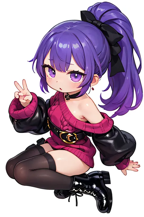 A character with vibrant vivid purple hair styled in a high ponytail, featuring large, expressive purple eyes. She wears a red off-shoulder sweater with puffed sleeves, a black leather skirt, and black ankle boots. Her outfit combines a cute yet slightly m...