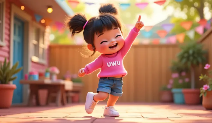 Prompt:
"Uwu, the  girl with her hair styled in two buns and bangs, takes the lead in a playful dance. She’s wearing a pink sweater with 'uwu' written in white, blue cargo shorts, and white sneakers. With a big smile on her face, she’s dancing joyfully, en...