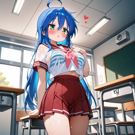 Small、 short、Konata Izumi、 Lantern, masterpiece,  top quality,  high resolution,, 1 girl, Alone,  school uniform ,  neckerchief ,  red sailor collar , Indoors, classroom, ( big size:1.4)、 embarrassing expression、 orgasm、Pleasure、 at the top、blush、 red chee...