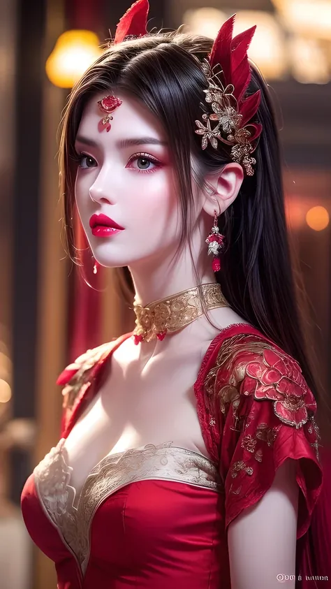  1 A very beautiful girl wearing a red Hanfu,  Thin red silk shirt ，There are many white patterns, White lace top,  Purple platinum has long bangs and a long ponytail ,  Very Long Straight Hair  ,  pretty face and cute  , Perfect face , Earrings Jewelry, L...