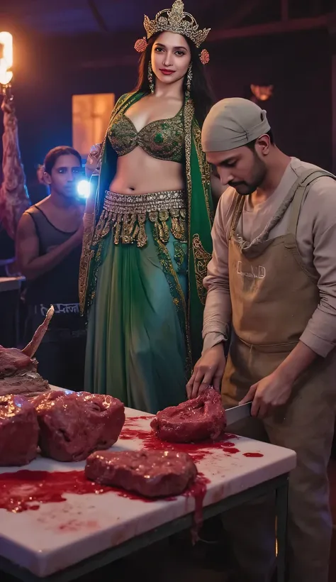 A sexy crowned hindu goddess durga Ma in a sexy dress, full view,holding a Trident and standing next to a Muslim guy in a dirty banian and islamic cap in a beef butcher shop, the Muslim guy is cutting beef, detailed digital art, highly detailed, hyper real...