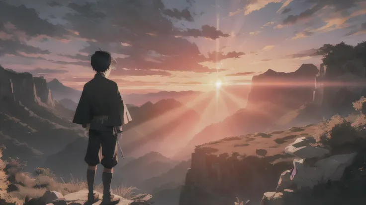 /imagine prompt: A cinematic fantasy anime scene of an  boy with short black hair standing atop a towering mountain, gazing over a vast, magical world during a glowing sunset. The boy, dressed in elegant black shorts and a white medieval shirt, stands conf...