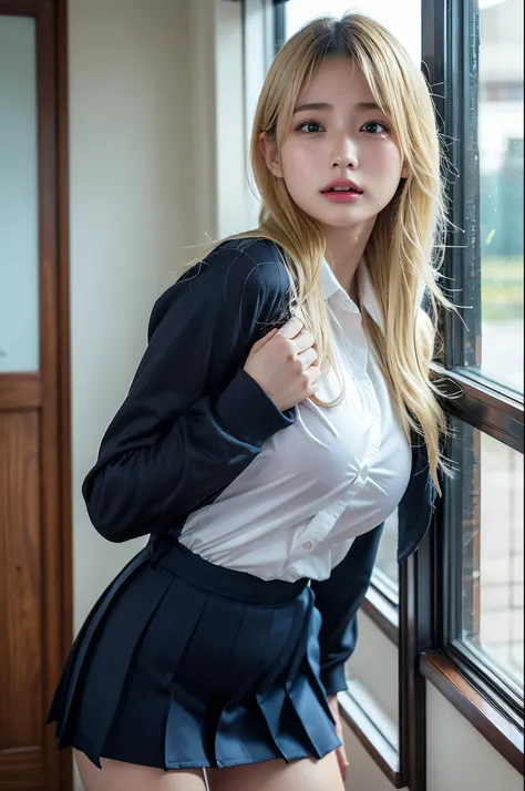  full reflex photo、  ultra high definition 、 School 、   Super Big Breasts   、Mature、   dances around   、 School制服、25 year old beauty、( blonde:1.4)、( gals)、close eyes tightly, clenching jaw, tearful、looking back、all fours、 focus on buttocks 、medium hair