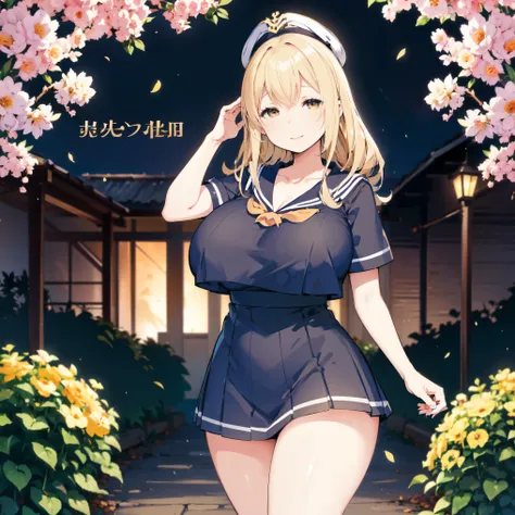 Blonde hair, very huge tits , ((sailor uniform)), ((thick, busty)), amber eyes,  upperbody, smile, cleavage, legs, thigh, garden flower background