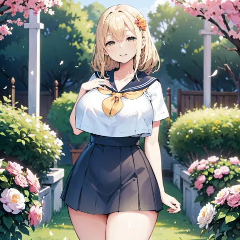 Blonde hair, very huge tits , ((sailor uniform)), ((thick, busty)), amber eyes, upperbody, smile, cleavage, legs, thigh, garden flower background