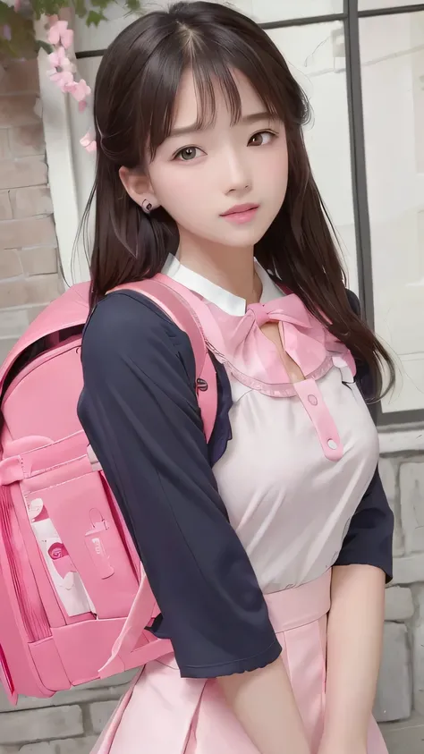 (8k,  top quality, masterpiece:1.2),  is present,  super high resolution,  complicated details,  1 girl,  beautiful face, JK Suit, （ white blouse）,  small breasts,  pink ribbon,  Pink Skirt ,  looking at camera,  ( school bag,  backpack:1.0)