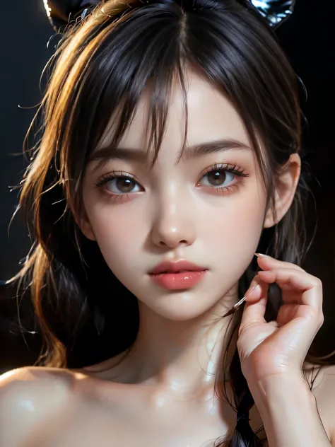 (fullbody),(wariza),(16years old),(black thin shiny 2braids)),diagonal bangs,slim body,(playboy black bunny),(cute russian lady),(girlish,full of femininity),(slim body,small breasts),(big eyes,tareme:1.3),(double eyelids,makeup,eyelash,eyeshadow,cheek),((...