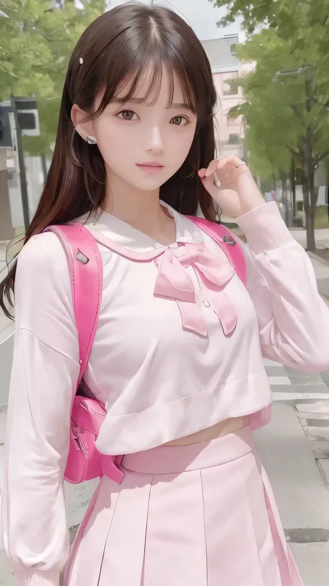 (8k,  top quality, masterpiece:1.2),  is present,  super high resolution,  complicated details,  1 girl,  beautiful face, JK Suit, （ white blouse）,  small breasts,  pink ribbon,  Pink Skirt ,  looking at camera,  ( school bag,  backpack:1.0)