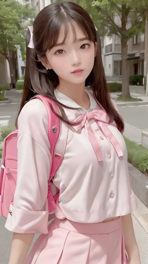 (8k,  top quality, masterpiece:1.2),  is present,  super high resolution,  complicated details,  1 girl,  beautiful face, JK Suit, （ white blouse）,  small breasts,  pink ribbon,  Pink Skirt ,  looking at camera,  ( school bag,  backpack:1.0)