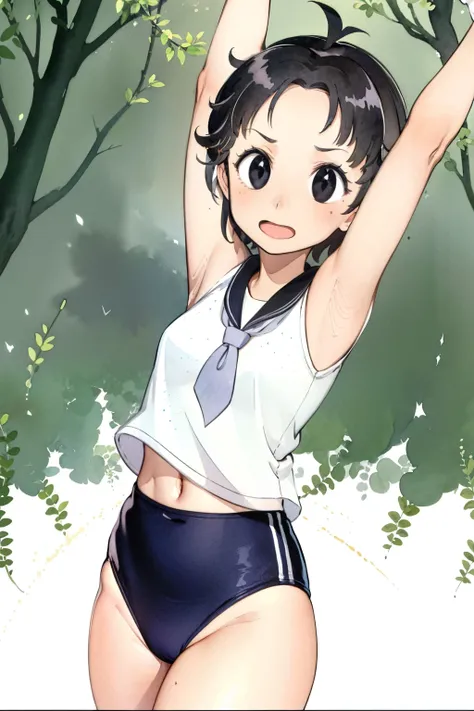 (masterpiece, best quality),  1girl , petites, loli, slim, wearing a Black gymnastics bloomers, High leg、white blouse, cowboy shot, in dark forest, serious,  watercolor,