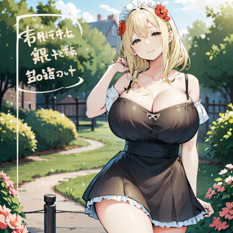 Blonde hair, ((huge breast, large breast))  , ((maid uniform, off shoulder, cleavage)), ((thick, busty)), amber eyes,  upperbody, smile, cleavage, legs, thigh, garden flower background