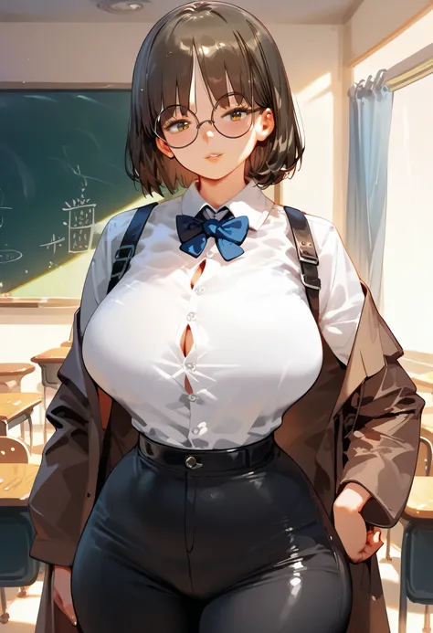 pale skinned anime teacher with black medium wavy bob cut hair, a slightly curvy and plumpy figure, wearing a brown check coat over a white shirt and brown dress pants, outfit outlines the figure, round glasses, big boobs with slight saggy, plumpy thighs, ...