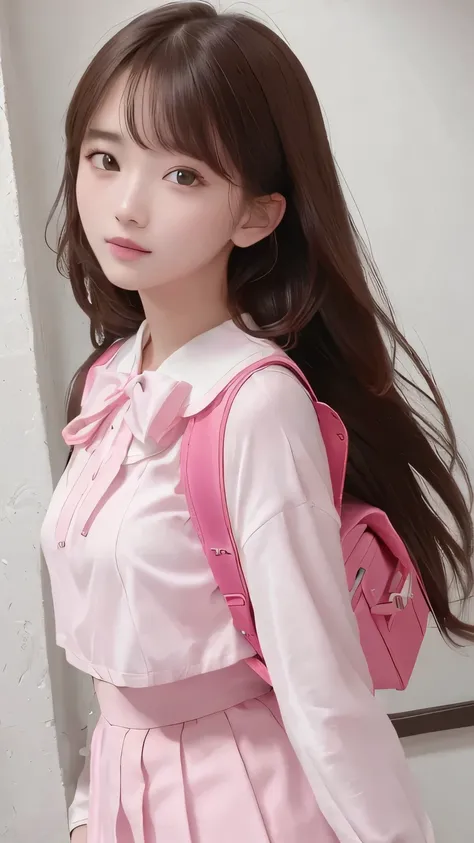 (8k,  top quality, masterpiece:1.2),  is present,  super high resolution,  complicated details,  1 girl,  beautiful face,  semi-long hair, JK Suit, （ white blouse）,  small breasts,  pink ribbon,  Pink Skirt ,  looking at camera,  ( school bag,  backpack:1....