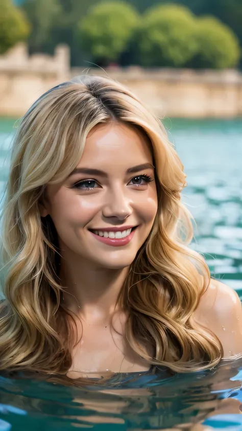 Blonde woman with long wavy hair. Smiling. Inside a lake. Medieval clothing. Wet hair.