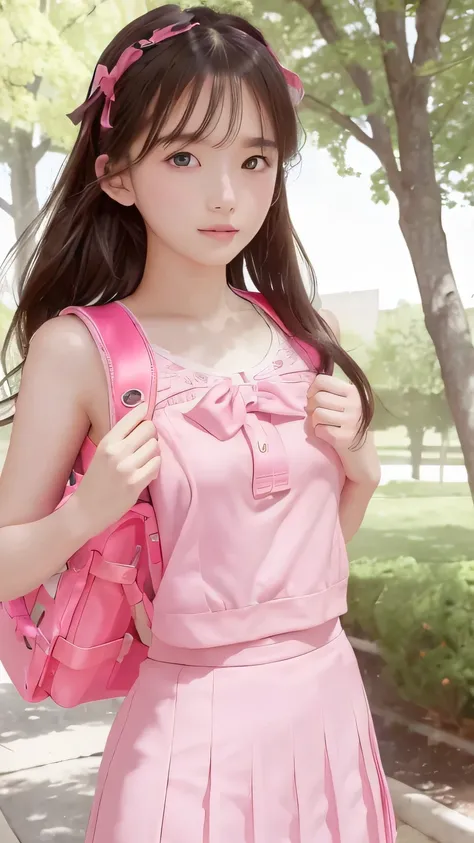 (8k,  top quality, masterpiece:1.2),  is present,  super high resolution,  complicated details,  1 girl, (),  beautiful face,  semi-long, JK Suit, （ topless）,  small breasts,  pink ribbon,  Pink Skirt ,  looking at camera,  ( school bag,  backpack:1.0)