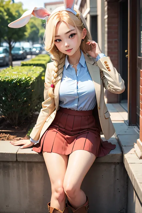  cute girl、 blonde、 braids、 rabbit ears、 white shirt、 blue blazer、 red skirt、Boots

