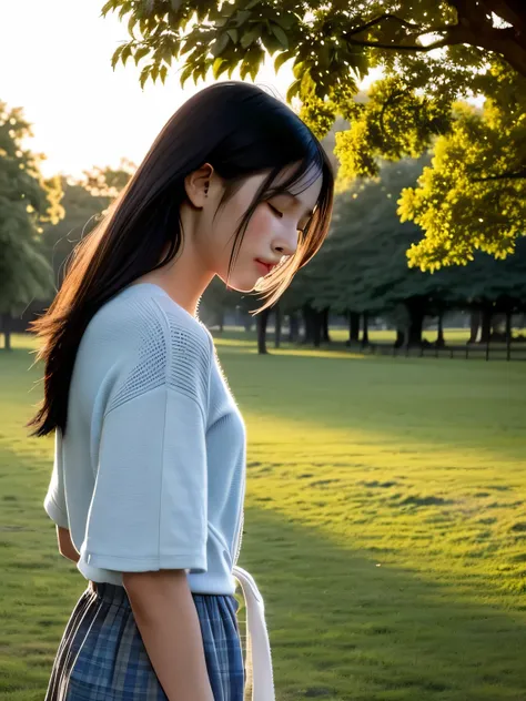 Depict a 20-year-old, very beautiful woman standing in a lush, green park at sunset. The warm light of the evening sun bathes the scene in a golden glow. She is facing forward, her eyes gently closed, her cheeks slightly flushed, and her face tilted slight...